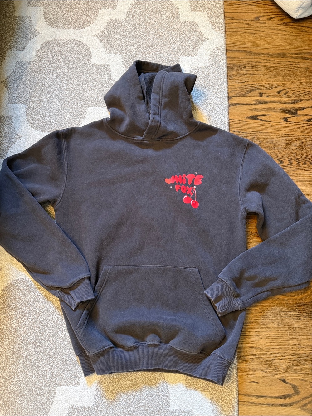 White Fox Boutique Gray Hoodie with Red Cherry Graphic